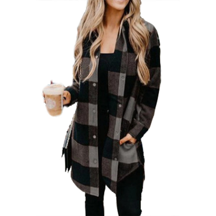 Plaid Shirt Women Mid Length Long Sleeve Women Coat Plaid Shirt Top Shacket