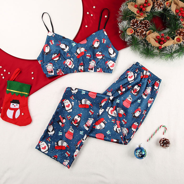 Autumn Christmas Satin Women Pajamas Artificial Silk Cartoon Printed Suspender Trousers Home Wear