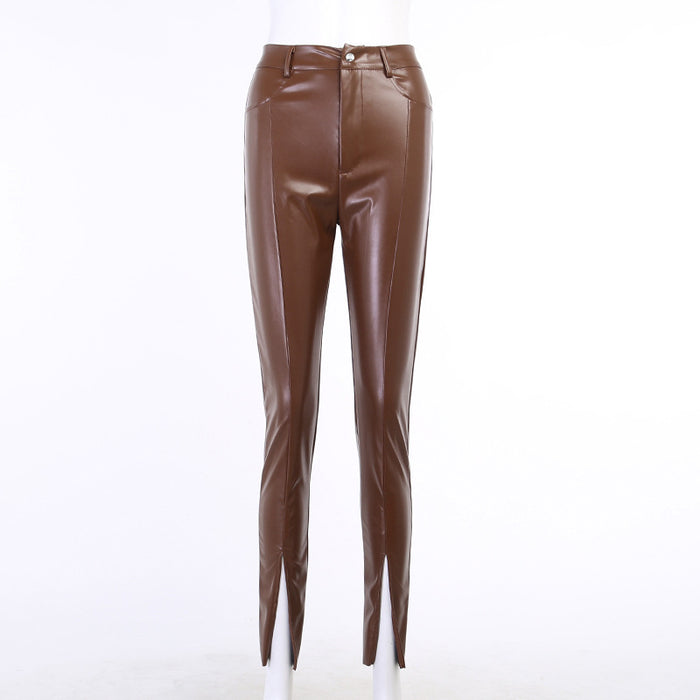 Simple Split Leather Pants Autumn Winter Faux Leather Tight Casual Leather Pants In The Middle Waist