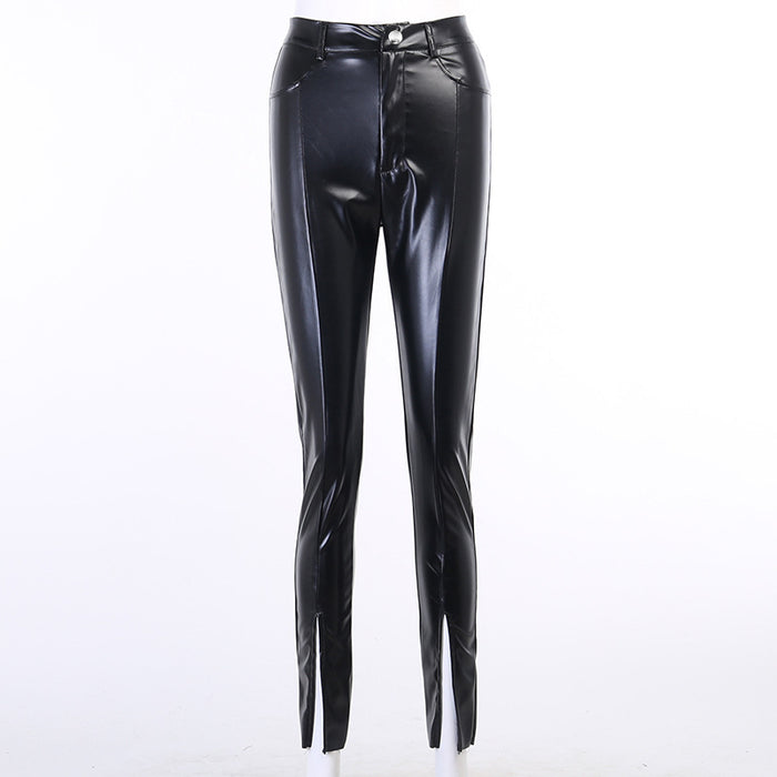 Simple Split Leather Pants Autumn Winter Faux Leather Tight Casual Leather Pants In The Middle Waist