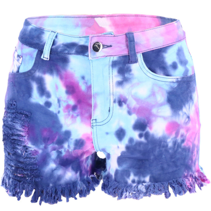 Spring Summer Tie-Dyed Tassel Foot Mouth Loose Hole Women Denim Shorts