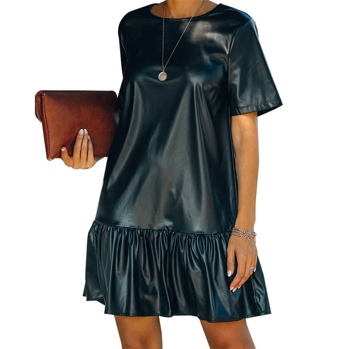 Autumn Winter Office Ruffled Loose Slimming Patent Leather Faux Leather Short Sleeve Dress