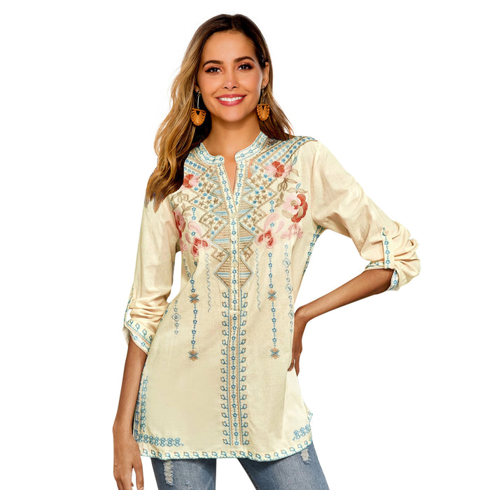 Spring Women Long-Sleeved Shirt Embroidered  Overseas Mid-Length Stand Collar Shirt