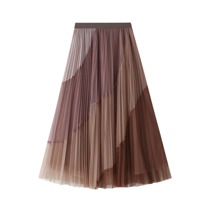 Stitching Pleated Mesh Skirt Stretch Elastic Waistband Slimming Mid-Length A- line Large Hem Skirt Winter