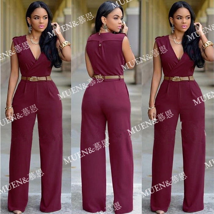 Women Clothing High Waist V neck Wide Leg  Irregular Asymmetric One Piece Pant Belt Jumpsuit