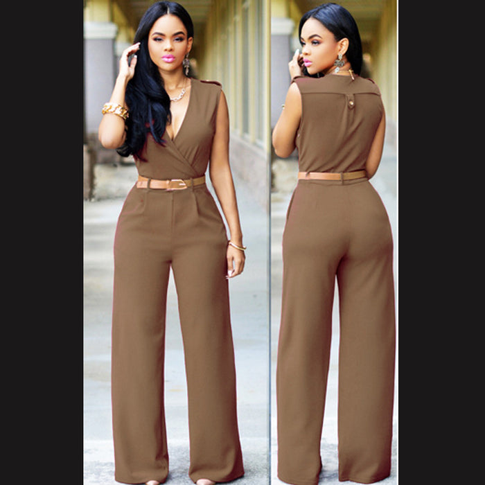 Women Clothing High Waist V neck Wide Leg  Irregular Asymmetric One Piece Pant Belt Jumpsuit