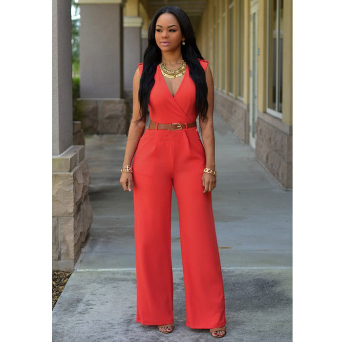 Women Clothing High Waist V neck Wide Leg  Irregular Asymmetric One Piece Pant Belt Jumpsuit