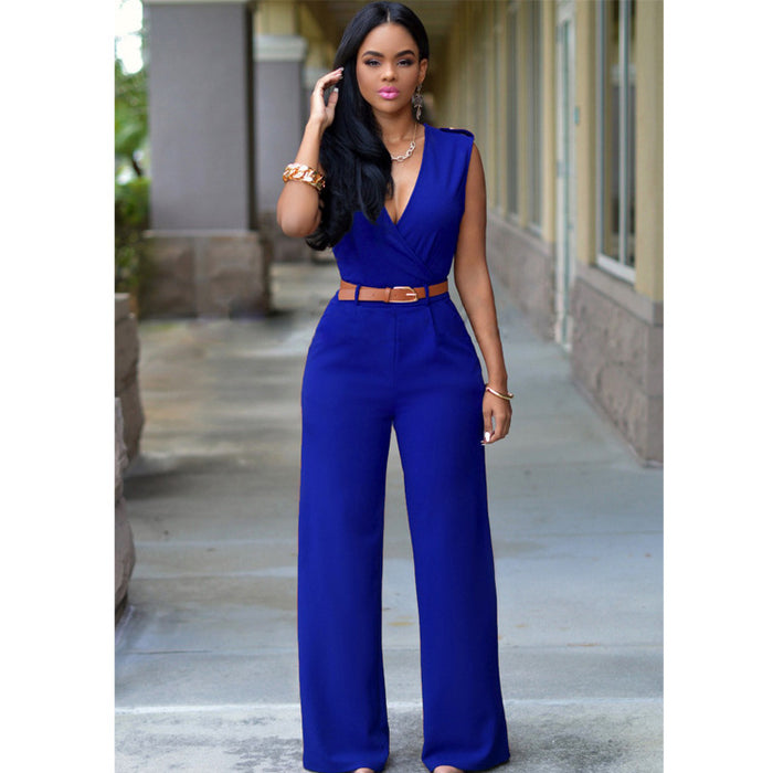 Women Clothing High Waist V neck Wide Leg  Irregular Asymmetric One Piece Pant Belt Jumpsuit