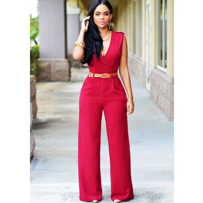 Women Clothing High Waist V neck Wide Leg  Irregular Asymmetric One Piece Pant Belt Jumpsuit