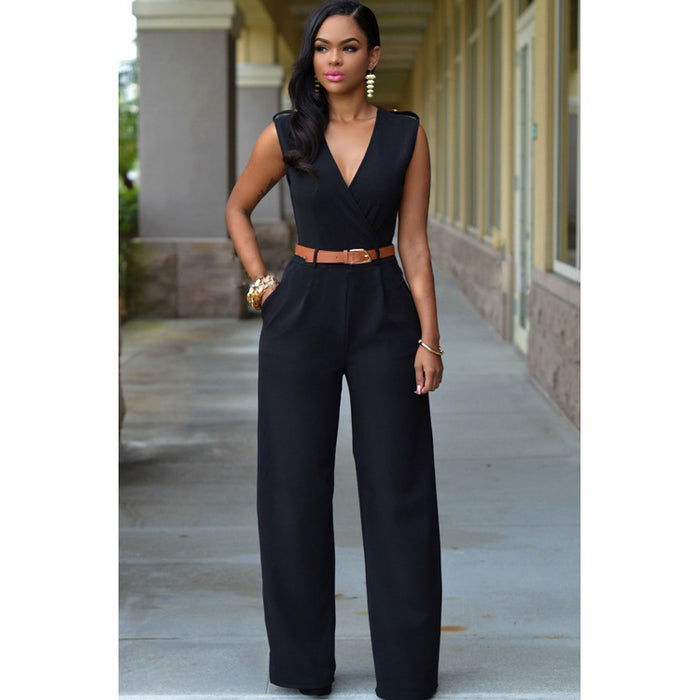 Women Clothing High Waist V neck Wide Leg  Irregular Asymmetric One Piece Pant Belt Jumpsuit