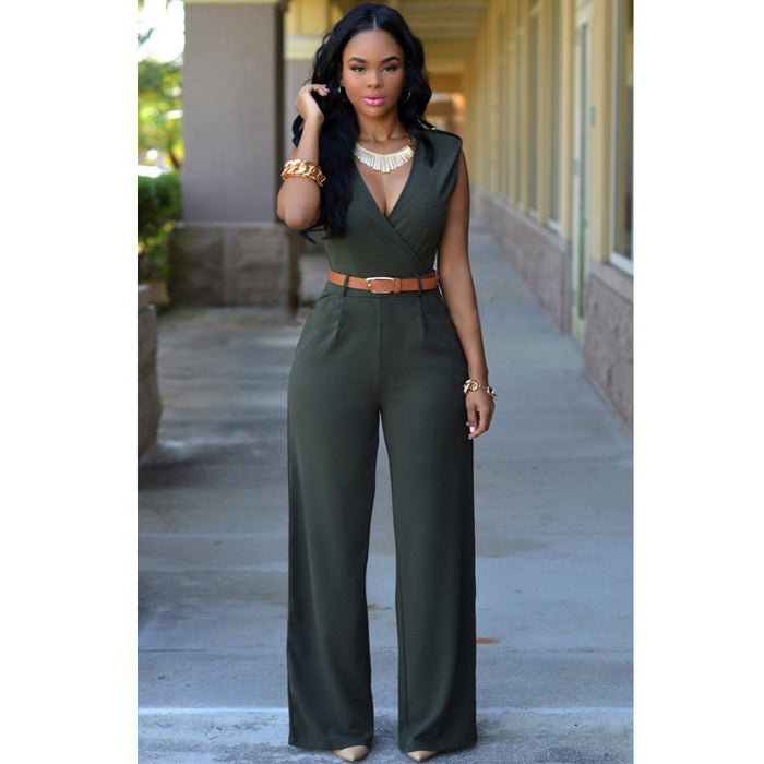 Women Clothing High Waist V neck Wide Leg  Irregular Asymmetric One Piece Pant Belt Jumpsuit