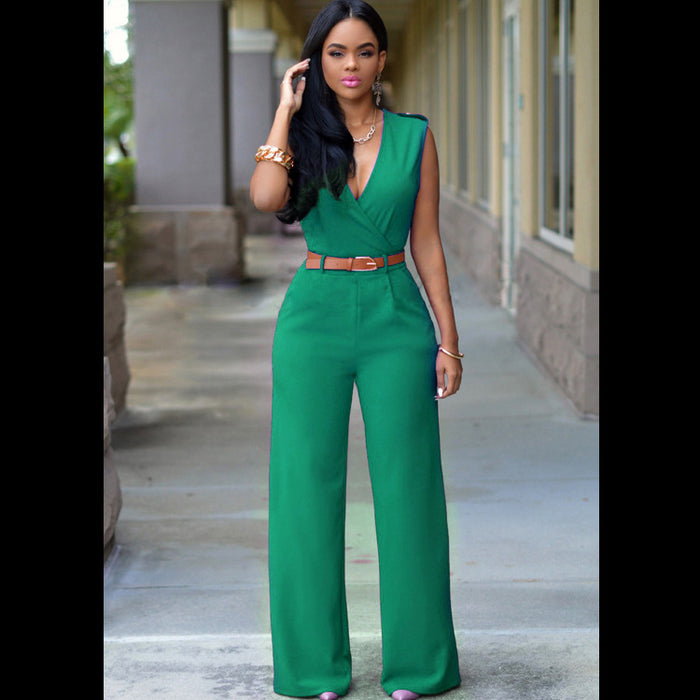 Women Clothing High Waist V neck Wide Leg  Irregular Asymmetric One Piece Pant Belt Jumpsuit