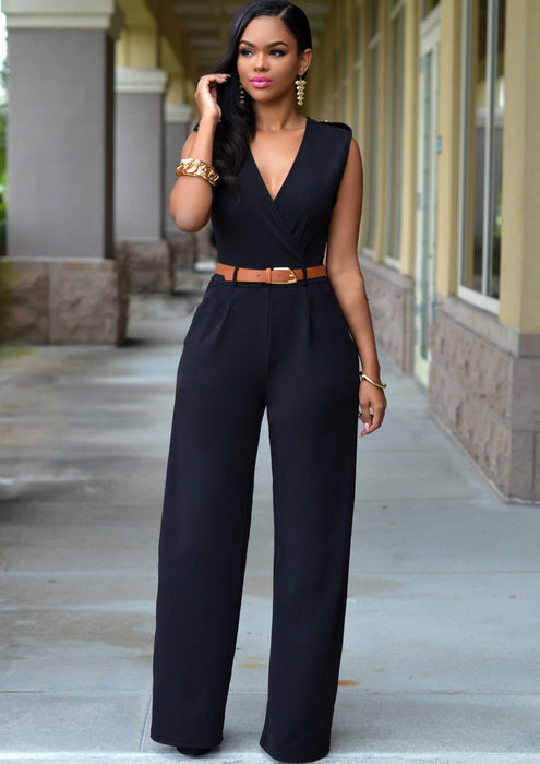 Women Clothing Sexy High Waist V neck Wide Leg  Irregular Asymmetric Suit with Belt Jumpsuit