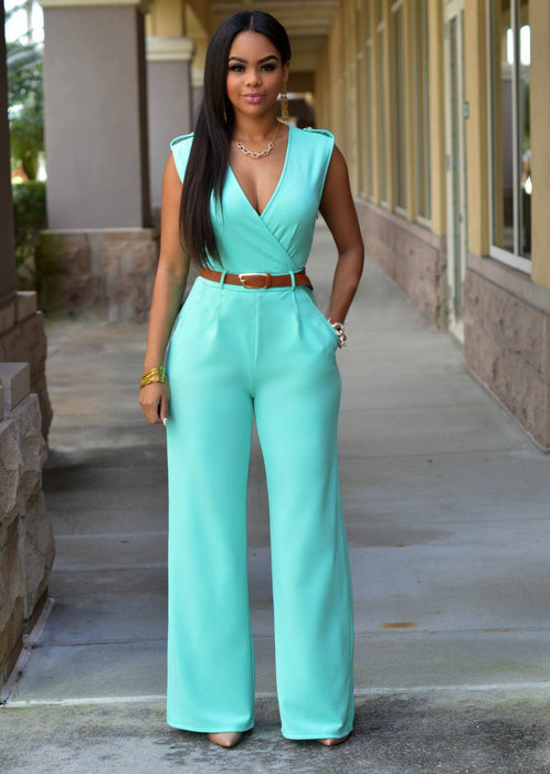 Women Clothing Sexy High Waist V neck Wide Leg  Irregular Asymmetric Suit with Belt Jumpsuit