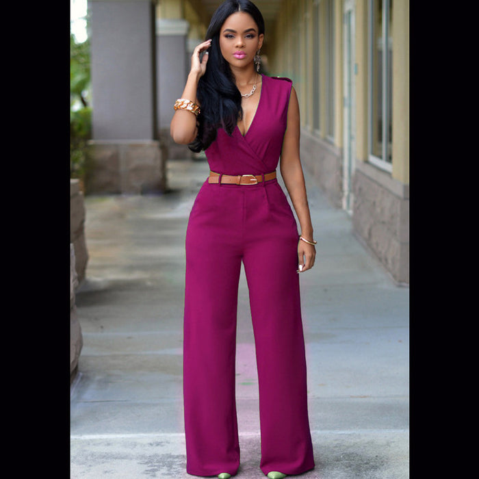 Women Clothing Sexy High Waist V neck Wide Leg  Irregular Asymmetric Suit with Belt Jumpsuit