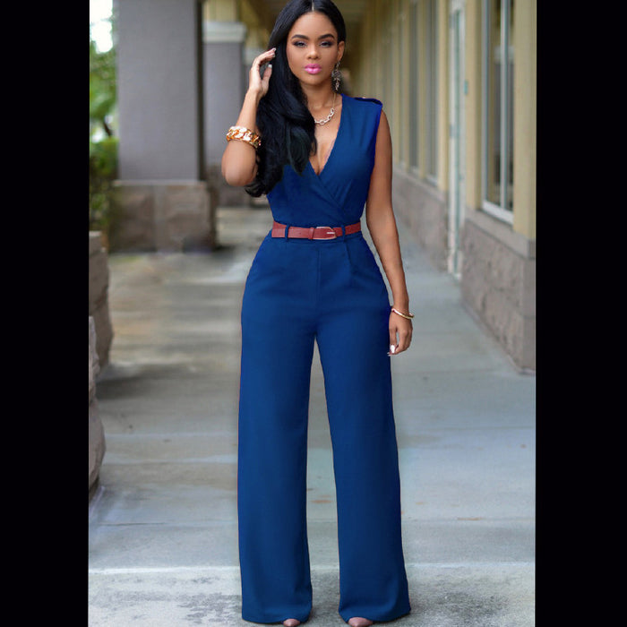 Women Clothing Sexy High Waist V neck Wide Leg  Irregular Asymmetric Suit with Belt Jumpsuit