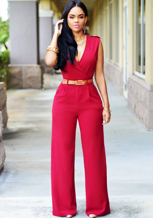 Women Clothing Sexy High Waist V neck Wide Leg  Irregular Asymmetric Suit with Belt Jumpsuit