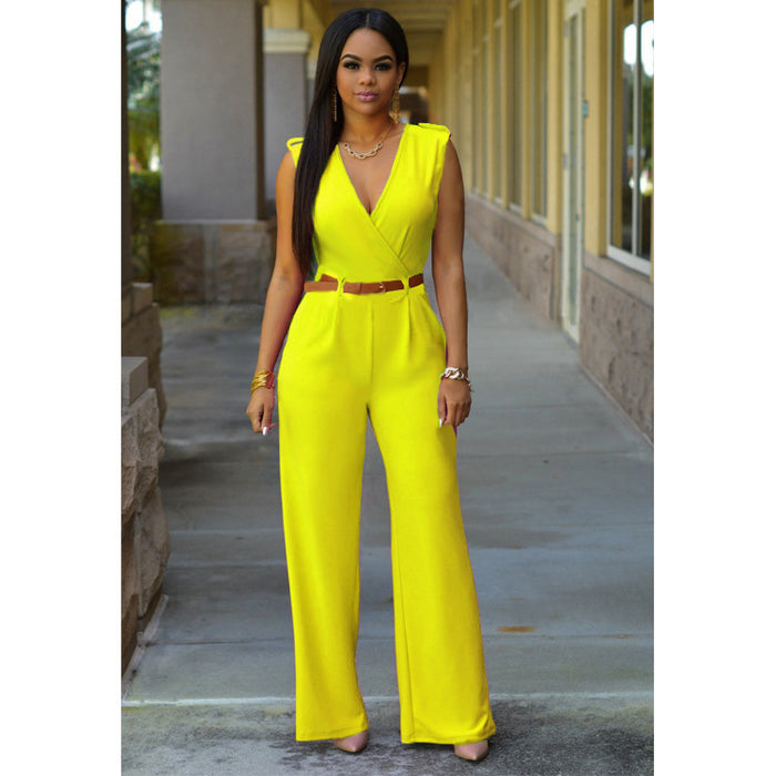 Women Clothing High Waist V neck Wide Leg  Irregular Asymmetric One Piece Pant Belt Jumpsuit