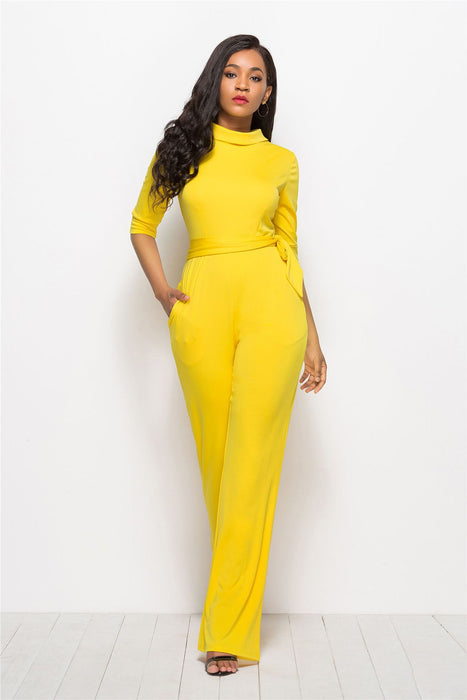 Women Sexy Solid Color Half Sleeve Stand Collar One-Piece Wide-Leg Jumpsuit