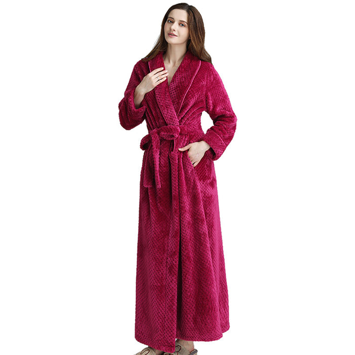 Autumn Winter Bathrobe Lady Couple Waist-Tight Coral Fleece Long Thickened Bathrobe Flannel Nightgown