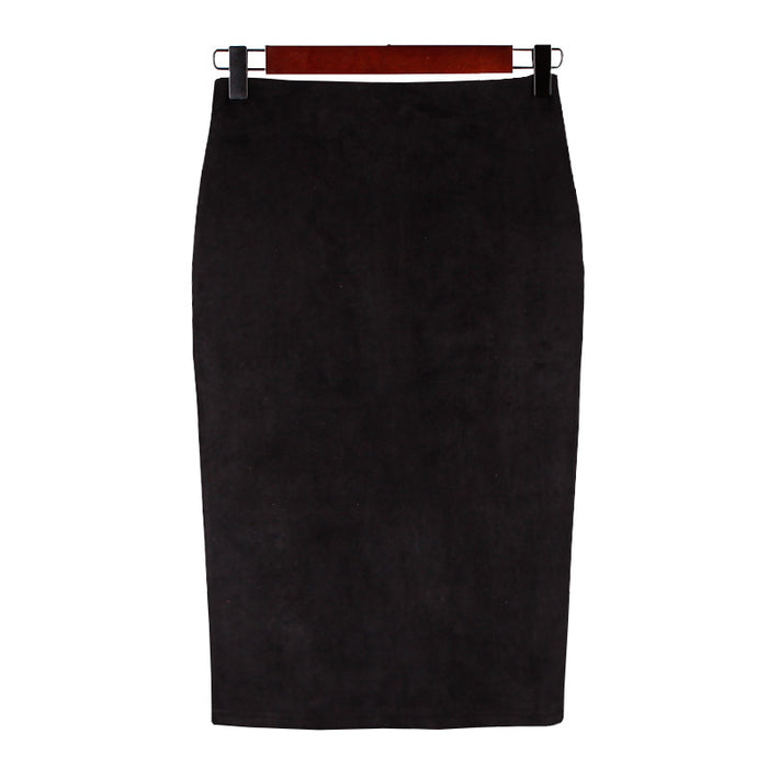 Solid Color Split Suede Skirt High Waist Slimming Sheath Skirt