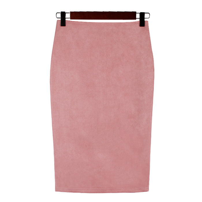 Solid Color Split Suede Skirt High Waist Slimming Sheath Skirt