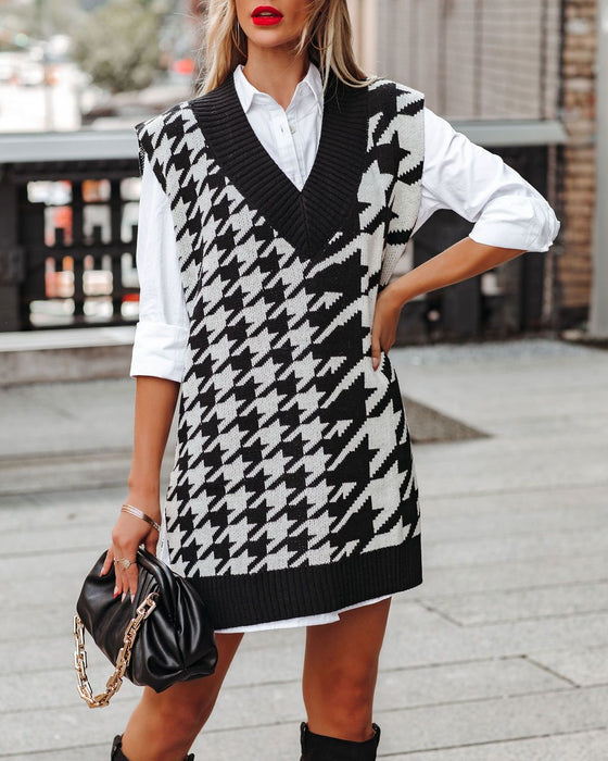 Autumn Winter New Houndstooth V-neck Loose Sweater Ladies Vest Vest