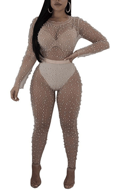 Summer Mesh Sexy See Through Bubble Beads Two Piece Set Excluding Underwear