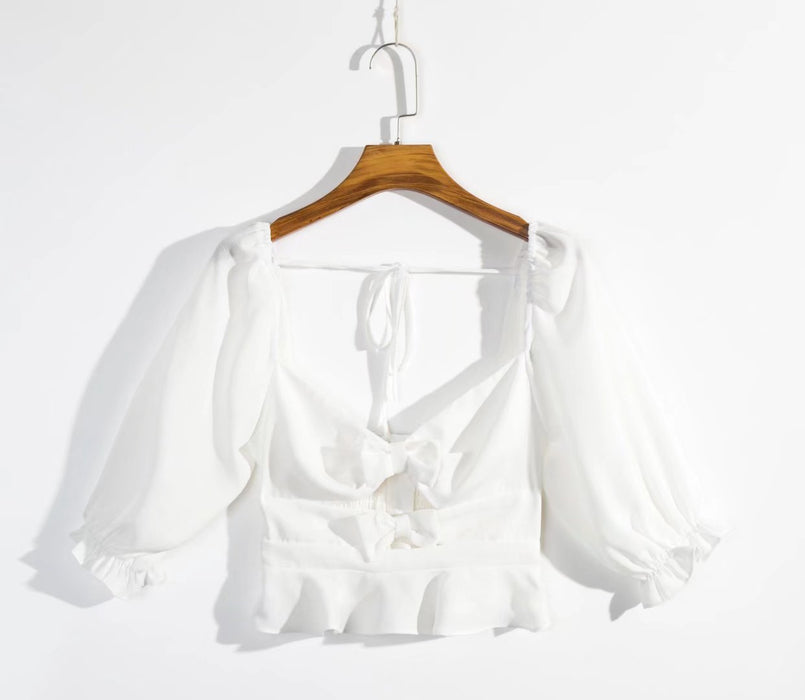 Spring Summer Square Collar Front Chest Knotted Short Top Puff Sleeve Hem Ruffled Cropped Shirt