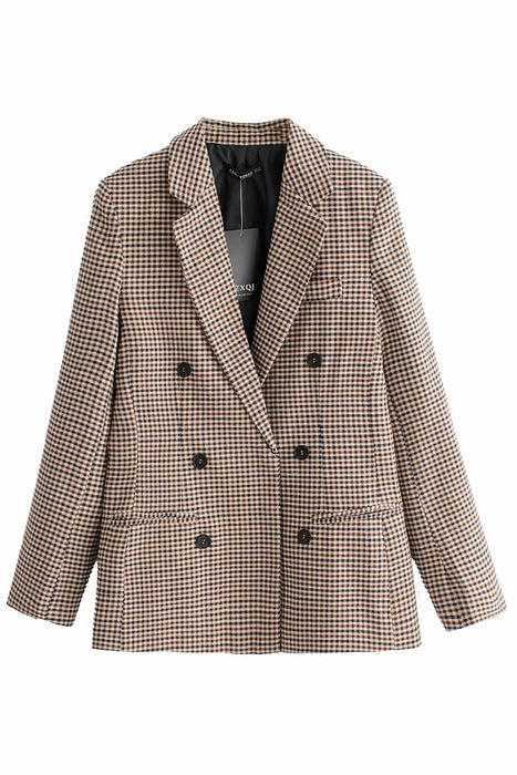 Autumn Winter Vintage Single Breasted Long Sleeve Plaid Women Padded Shoulder Blazer