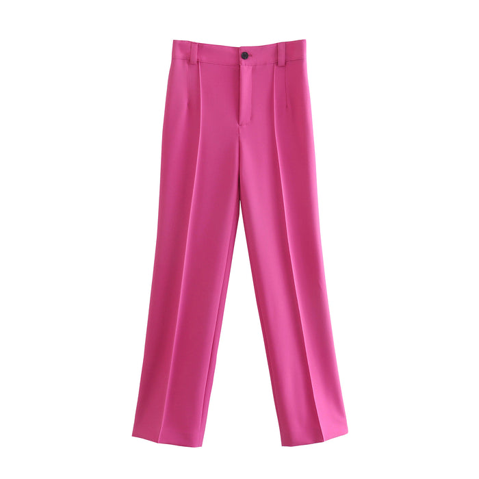 Spring Women Rose Pink Straight Long Pants