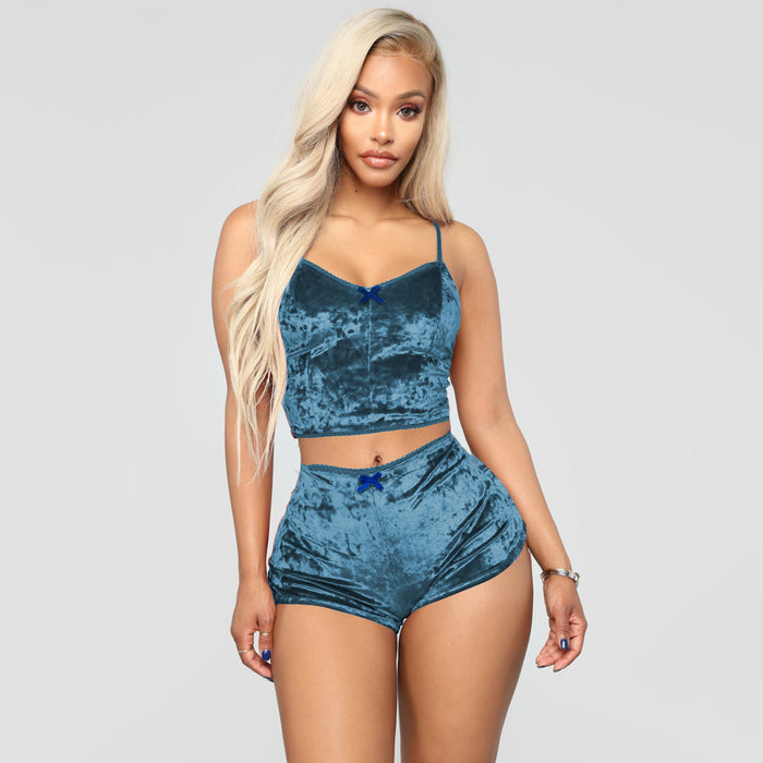 Summer Hollow Out Cutout Sexy Slim Fit Velvet Lace Two Piece Set Shorts Club Wear