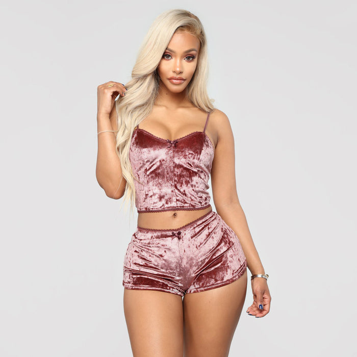 Summer Hollow Out Cutout Sexy Slim Fit Velvet Lace Two Piece Set Shorts Club Wear