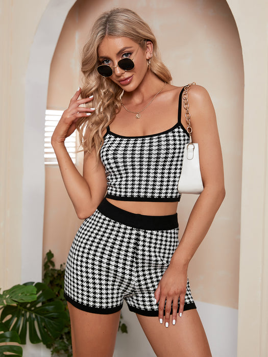 Spring Summer New Polka Dot Loose Knitted Camisole Casual Shorts Two Piece Set