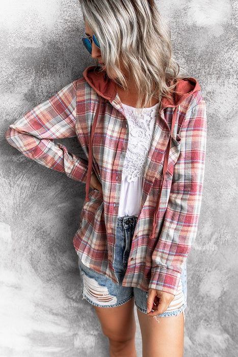 Autumn Winter Women Clothing Hooded Polyester Cotton Plaid Shacket Coat