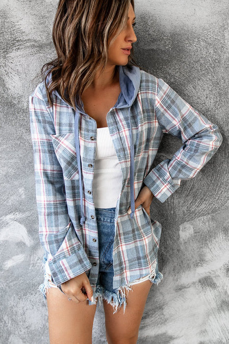 Autumn Winter Women Clothing Hooded Polyester Cotton Plaid Shacket Coat