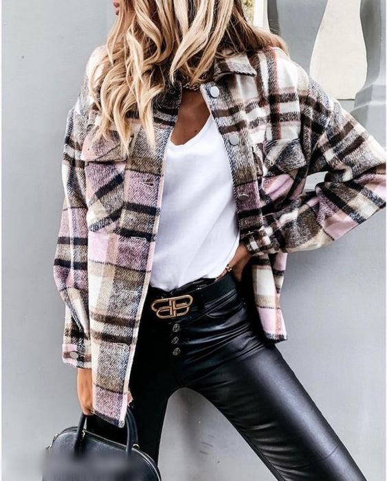 Autumn Long Sleeve Large Pocket Loose Women  Plaid Shacket Mid Length Coat