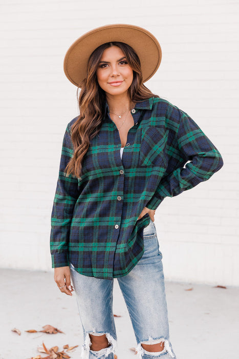 Fall Polo Collar Pocket Long Sleeve Plaid Shirt Thin  for Women