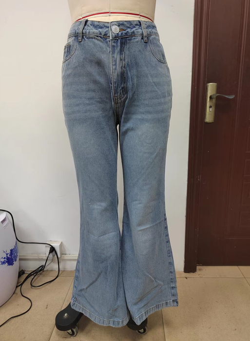 Women Jeans Mid-Waist Blue Denim Office Bootcut Trousers Dark Trousers for Women