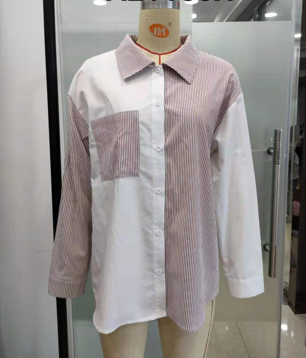 Autumn Winter Stitching Contrast Color Striped Shirt Female Spot