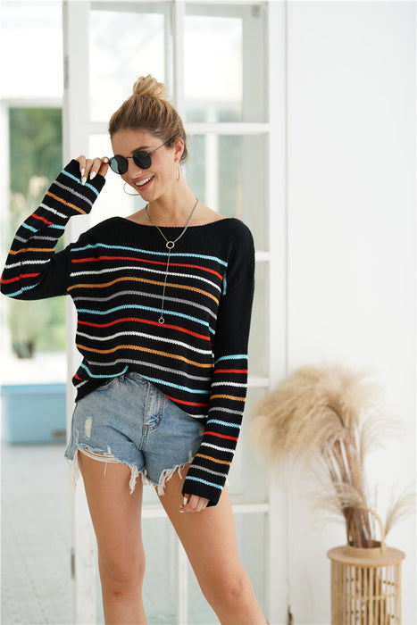 Autumn Winter Striped Rainbow Sweater Women Color Contrast Patchwork Loose Pullover Sweater