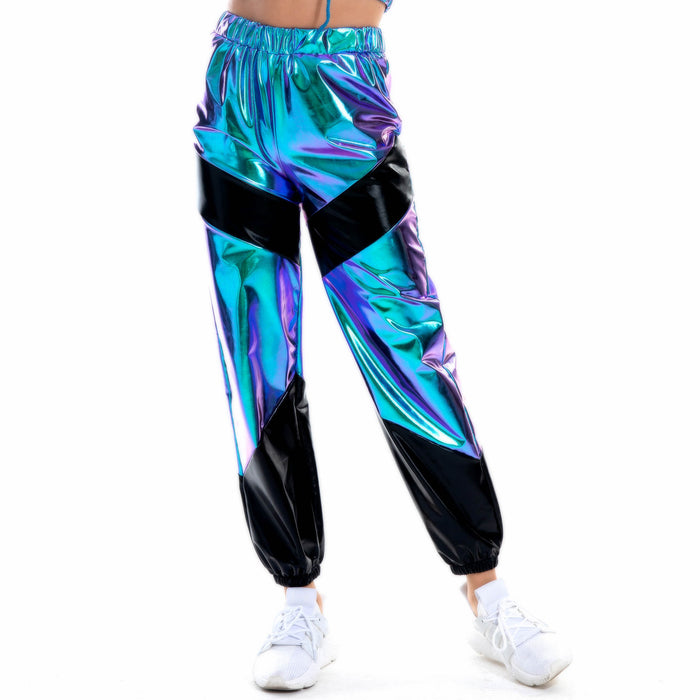 Contrast Color Trousers Women Bronzing Patent Leather Colorful Laser Pocket Loose Women Pants