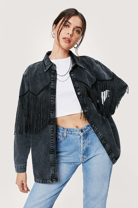 Women Autumn Winter Shacket Tassel Button Front  Fringe Trim Boyfriend Black Washed Denim Jean Coat Jacket Outwear Casual Denim Jacket