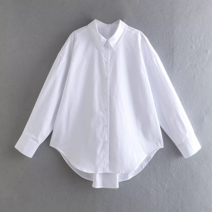 Summer Cotton Solid Color Loose-Fitting Women Shirt Front Rear Collared Poplin Long Sleeve Shirt for Women