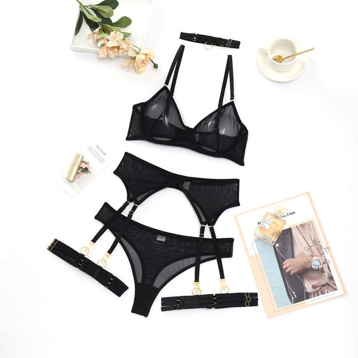 Summer New Women Fashion Sexy Underwear Mesh Comfortable Slimming Push up Four Piece Set with Steel Ring