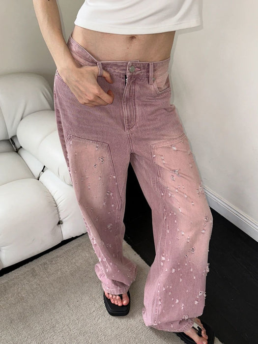 Pink Retro Tattered Jeans Jeans Women Design Straight Loose Slimming Wide Leg Draping Effect Trousers