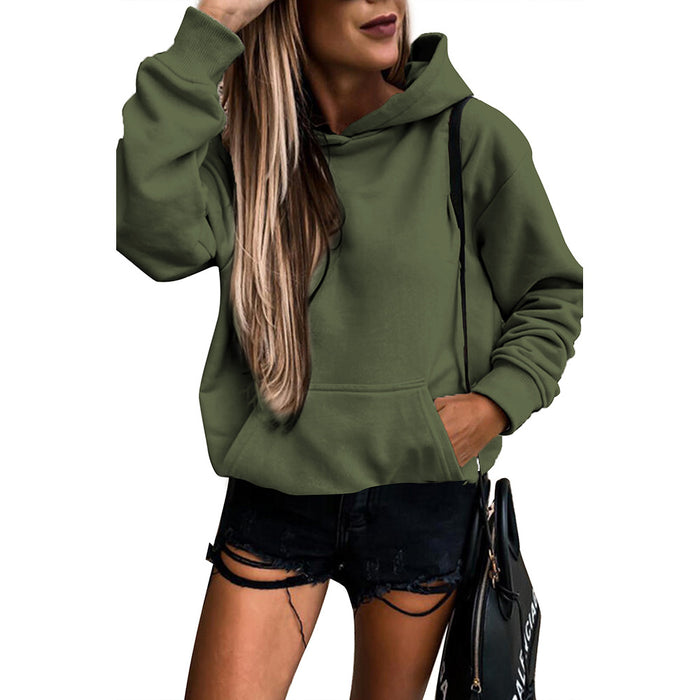 Autumn Winter Solid Color Pocket Hooded for Women All Matching Long Sleeve Top