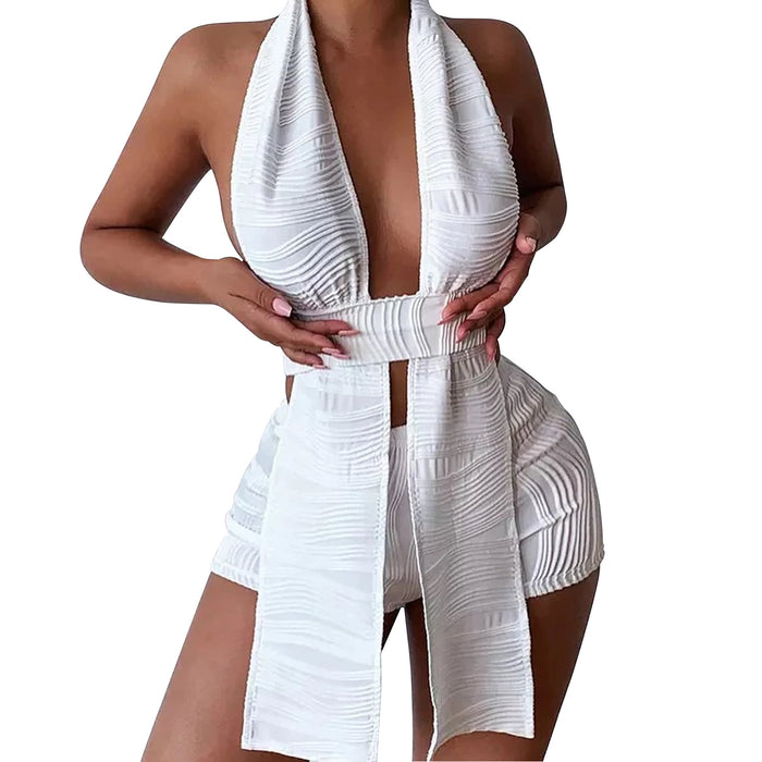 Summer Women Clothing Sexy Backless Jacquard Two Piece Shorts Suit Women