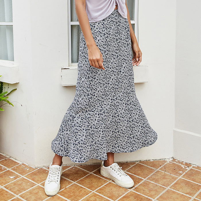 Summer Thin Women Fresh Sweet Loose A- line Skirt Fashionable High Waist Floral Skirt Mid-Length Skirt