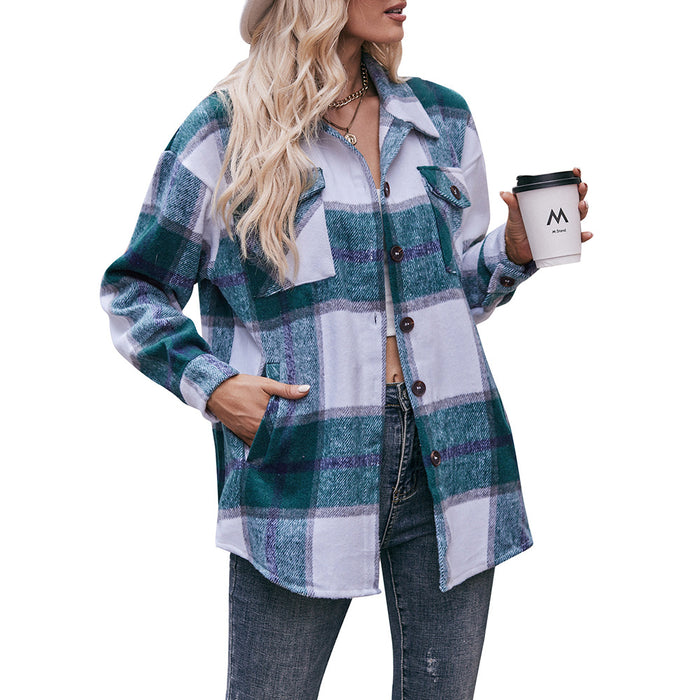 Women Autumn Winter Plaid Jacket Casual Loose Pockets Shirt